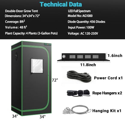 34x34 Grow Tent Kit with LED Grow Light, 34"x34"x72" 1680D Mylar Indoor Grow Tent Starter System with AG1000 100W Full Spectrum Dimmable Plant Light for Hydroponics, Herbs, Vegetables, Seedlings - size: 34" x 34" x 72"