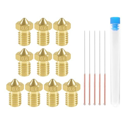Aokin 10 Pcs 0.6mm Extruder Nozzles 3D Printer Brass Nozzles for E3D V5 V6 and 5 Pcs 0.5mm Stainless Steel Nozzle Cleaning Needles for 1.75mm Filament 3D Printer - color: 0.6mm