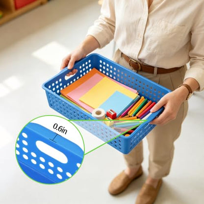 6 Pack Plastic Classroom Storage Bins with 6Pcs Small Baskets, Colorful Turn in Paper Trays for Classroom,Teachers, Students(13.6”×10.6”×3.1”) - color: Rainbow