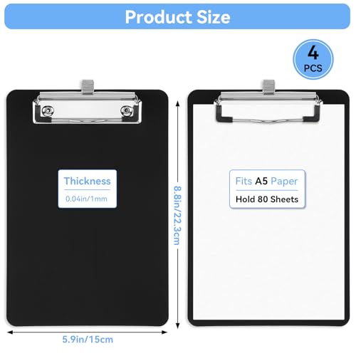 5.9x8.8in Plastic Clipboard with Metal Pen Holder Loop Fits A5 Paper, 4 Pack Black Plastic Clip Boards Lightweight and Portable for Nurse Teachers, Convenient & Sturdy Smooth Writing Clipboards - color: Black, size: 5.9x8.8in - A5