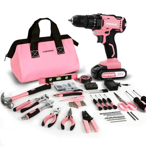 COMOWARE 20V Cordless Drill Set, 171Pcs Pink Home Tool Set with Cordless Drill Driver, Complete Repair Tool Kit for Women, Pink Storage Bag, Ideal for Office, Garden, DIY Project - color: Pink Tool