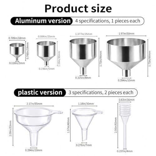 Small Metal Funnels Mini Funnel Tiny Bottle Funnel, Miniature Atomizers, Flask, Perfume, Essential Oil, Powder, Pet Capsule,Various Sizes（4 Aluminum 4 Plastic）