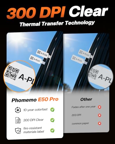 Phomemo PET Label for E50RPO, All-Weather Indoor/Outdoor, Square Self-Adhesive 1.96"x1.18"(50x30mm), 200 Labels/Roll, Black on Yellow Labels Tape.