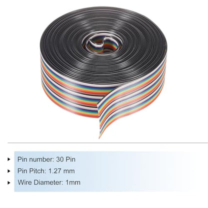 MECCANIXITY 1 Pcs 30 Pin Flat Rainbow Ribbon Cable 30 Ft 1.27mm Pitch Breadboard Jumper Wires for Electronic Projects - size: 30 Ft, style: 30P