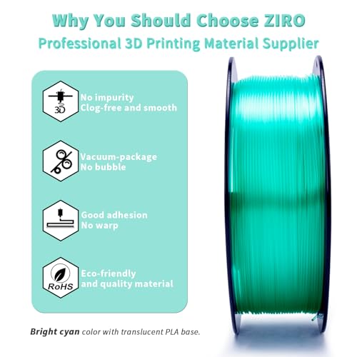 ZIRO 3D Printing Filaments, Translucent Series, 2.2lb 1.75mm Spool, Cyan - color: Translucent-cyan