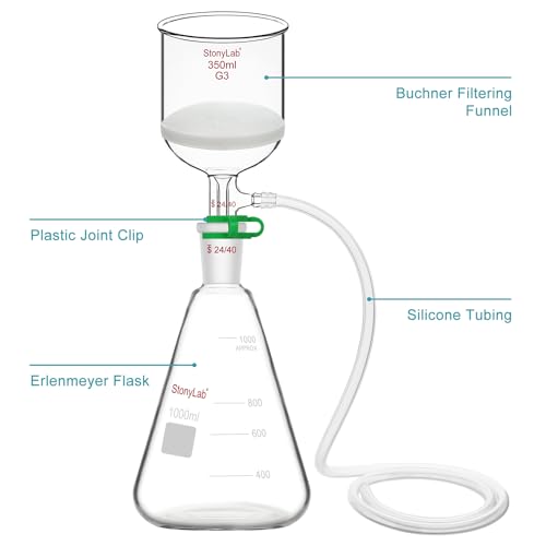 stonylab Buchner Funnel & Flask Set, 350 ml Glass Funnel with 1L Erlenmeyer Flask and Silicone Tubing for Lab Use