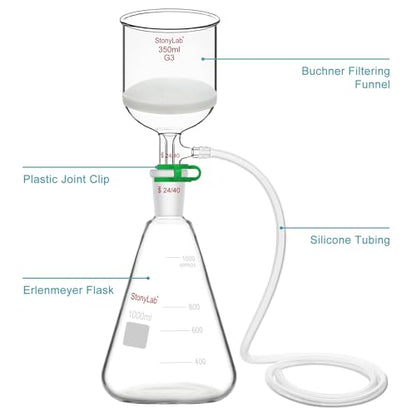 stonylab Buchner Funnel & Flask Set, 350 ml Glass Funnel with 1L Erlenmeyer Flask and Silicone Tubing for Lab Use