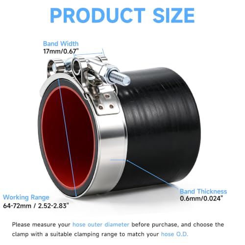 6 Pack 2.25 Inch T Bolt Hose Clamps 64-72mm, Heavy Duty Stainless Steel Turbo Clamps for Light Diesel Truck Intercooler Boost Intake Pipe - size: 64-72mm(2.25 Inch) 6PCS
