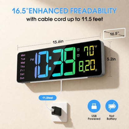 16" Large Digital Wall Clock for Classroom with RGB Remote Dual Alarm Timer - color: Clock-adt-rgb
