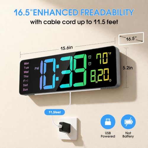 16" Large Digital Wall Clock for Classroom with RGB Remote Dual Alarm Timer - color: Clock-adt-rgb
