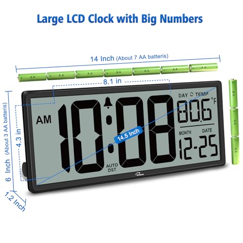 WallarGe 14.5'' Large Digital Wall Clock Battery Operated - color: Black