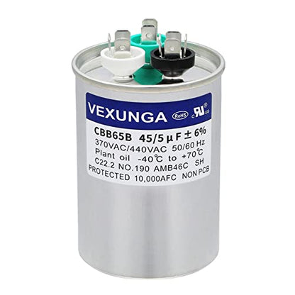 VEXUNGA 45/5 uF 45+5 MFD 370V or 440V Dual Run Start Round A/C Capacitor 45 5 uF 370 440 Volt VAC CBB65B Air Conditioner Capacitors for AC Unit Fan Motor Start or Heat Pump or Condenser Straight Cool - style: [V03] 45+5 uF Round