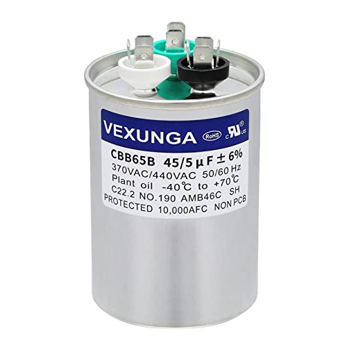 VEXUNGA 45/5 uF 45+5 MFD 370V or 440V Dual Run Start Round A/C Capacitor 45 5 uF 370 440 Volt VAC CBB65B Air Conditioner Capacitors for AC Unit Fan Motor Start or Heat Pump or Condenser Straight Cool - style: [V03] 45+5 uF Round