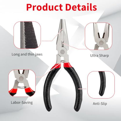 12 Pack 5" Needle Nose Pliers Set, Mini Long Nose Pliers with Serrated Clamps & Side Cutter for Jewelry Making, Electronics Repair, Wire Bending, and Crafting (Black)