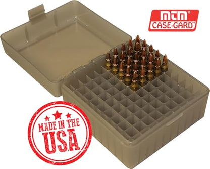 MTM RS-100-41 100 Round Rifle Ammo Box | Flip-Top | 223 204 Ruger 6x47 | Indestructible polypropylene, Snap-lock latch | USA Made | Clear Smoke - color: Clear Smoke