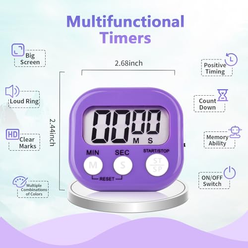 12 Pack Digital Kitchen Timer Magnetic Digital Timer with Big Display Loud Ring Cooking Timers for Kitchen Electronic Timer for Cooking, Bathing, Gym, Break Time, Classroom(12,White,Blue,Purple) - color: White,blue,purple