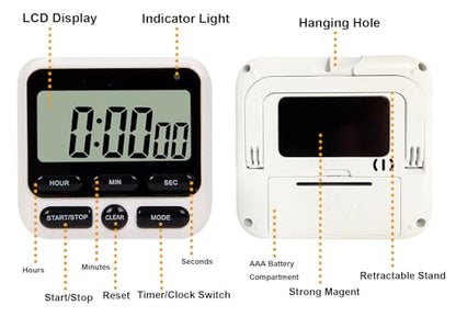 2-Pack Digital Dual Kitchen Timers with Magnet, 24-Hour Countdown & Stopwatch, Loud Alarm, 12/24H Clock, Calendar, Mute Mode, Visual Indicator, Batteries Included (Black)