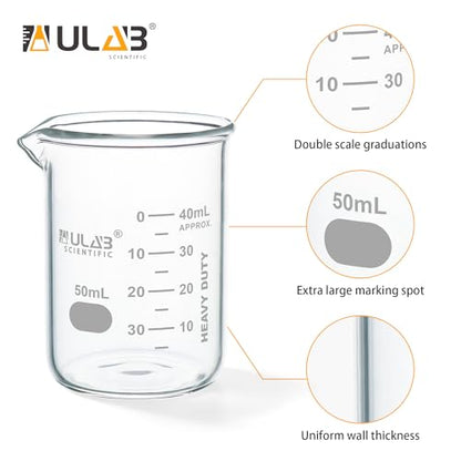 ULAB Scientific Glass Beakers, Vol. 50ml, 3.3 Borosilicate Griffin Low Form with Printed Graduation, Pack of 24, UBG1030 - style: 24pcs of Vol.50ml, Low form