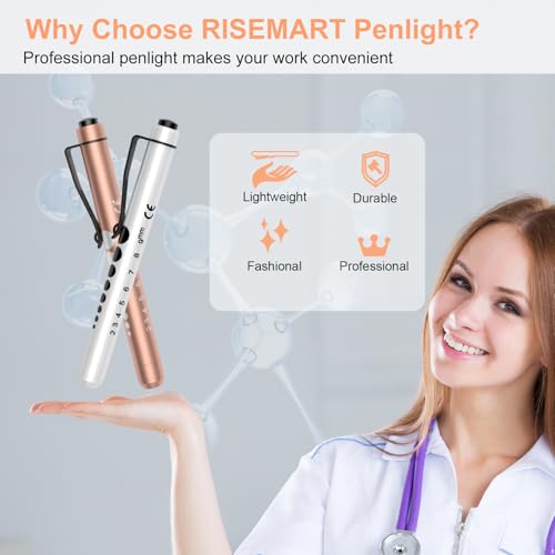 RISEMART Pen Lights for Nurses, 2Pack Reusable Medical Pen Light with Pupil Gauge and Ruler, White Light LED Penlight for Nurse Student Doctors EMT (Gold/White) - color: Gold and White