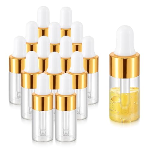 Kesell 15 pack 3ml Clear Dropper Bottle Set - Mini Glass Vials Essential Oil Bottles with Eye Dropper - Travel Size Container for Perfume, Cosmetics, Empty Tiny Smaple Vial (Gold Cap) - style: 3ml