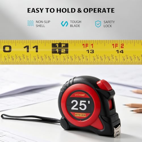 Lichamp Auto-Lock Tape Measure 4 Pack 25ft EasyRead Retractable 1/8in