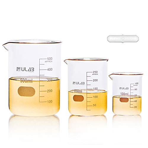 ULAB Scientific Low Form Griffin Glass Beaker Set with Magnetic Stir Bar Offered, 3 Sizes 100ml 250ml 500ml, 3.3 Borosilicate Glass, Printed Graduation, UBG1004 - style: 3 Sizes with Magnetic Stir Bar:100/250/500ml