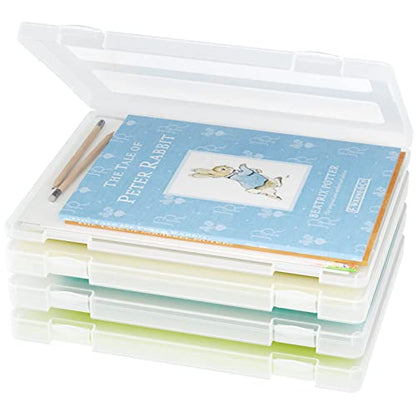 4-Pack A4 Plastic Paper Organizer Box, Scrapbook Storage for 8.5” x 11” Letter Papers, Portable Document Holder, Photo Storage Box Sticker Art Supplies Organizers, 12” x 9” Inner Size