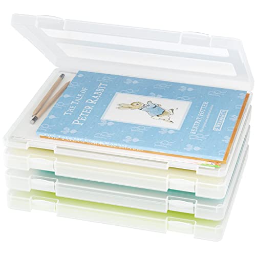 4-Pack A4 Plastic Paper Organizer Box, Scrapbook Storage for 8.5” x 11” Letter Papers, Portable Document Holder, Photo Storage Box Sticker Art Supplies Organizers, 12” x 9” Inner Size