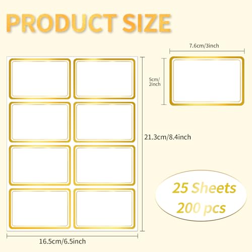 2" x 3" 200 PCS Name Labels, Waterproof Blank Name Tag Stickers with Permanent Adhesive Writable Stickers with Metallic Gold Border for School Office Home - style: golden border