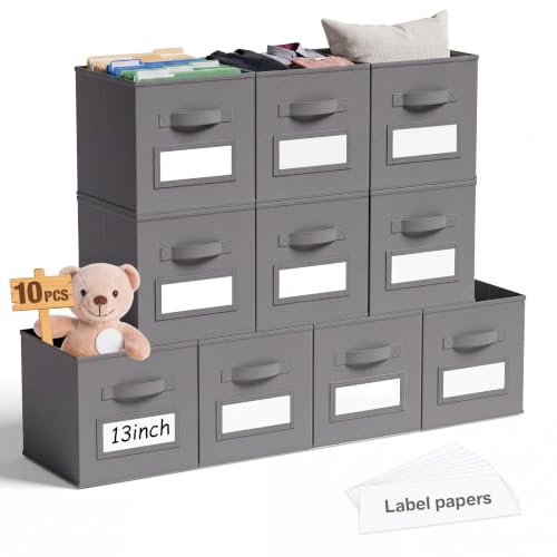 10 Pack Fabric Storage Cubes with Label 13" Collapsible Cube Bins, Gray - color: Gray, size: 13 Inch
