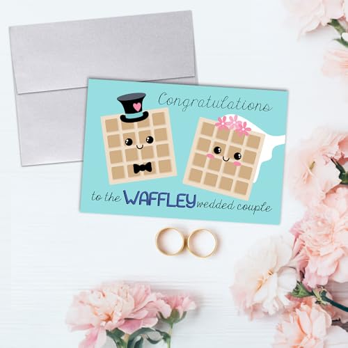 Amanda Creation Funny Wedding Card, 4x6 Blank Inside with Silver Envelope, Waffle-y Wedded Waffle Bride and Groom Congratulations - style: Waffle