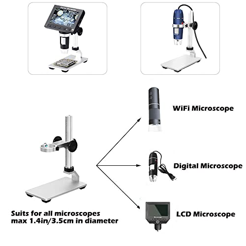 Universal Microscope Stand Pro, Stable Professional Aluminum Alloy Scope Base Holder Support Bracket for Max Diameter 1.4" USB Digital Wireless WiFi Microscope Endoscope Magnifier Camera - color: Silver