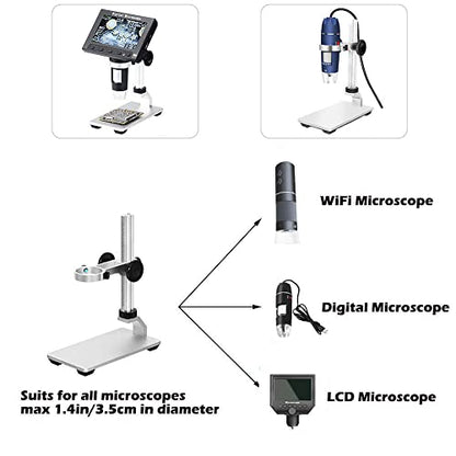 Universal Microscope Stand Pro, Stable Professional Aluminum Alloy Scope Base Holder Support Bracket for Max Diameter 1.4" USB Digital Wireless WiFi Microscope Endoscope Magnifier Camera - color: Silver
