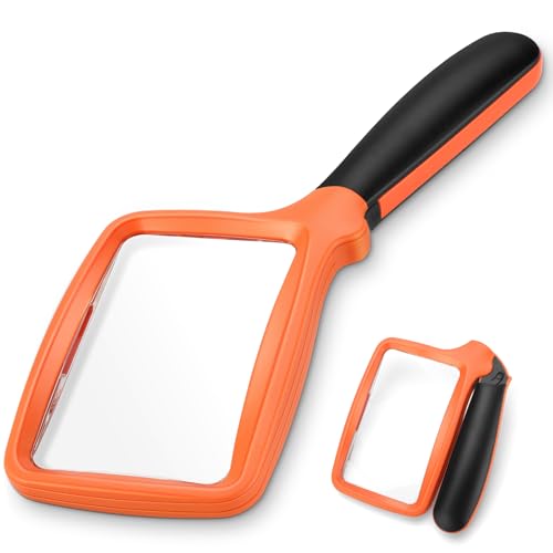 Folding Handheld Magnifying Glass with Light, 5X Large Rectangle Reading Magnifier with Dimmable LED for Seniors with Macular Degeneration, Newspaper, Book, Small Print, Lighted for Low Visions Orange - color: Orange