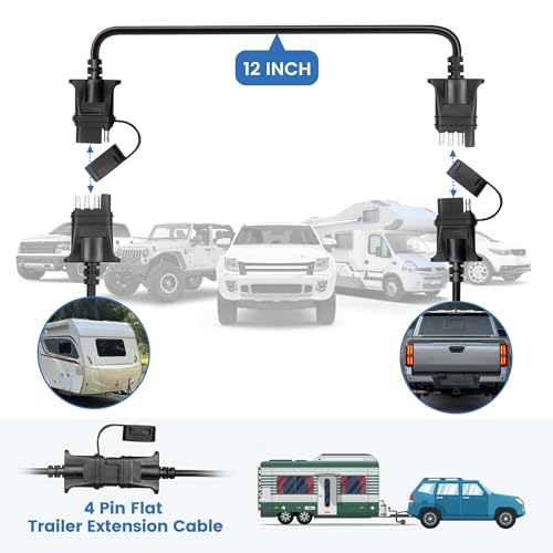 MECMO 4-Pin Flat Trailer Extension Cable 12 Inch, Heavy Duty 18AWG Copper 4 Way Wiring Connector Harness, Vehicle-Side and Trailer-Side 4 Prong Light Plug Hitch Wire Extension 1ft - size: 1ft (12 inch)