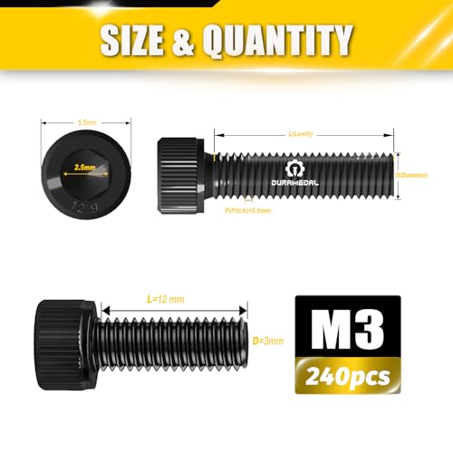 M3x12mm Screws 240pcs Hex Socket Cap 12.9 Steel Black Zinc Fully Thread - size: M3*12mm 240pcs