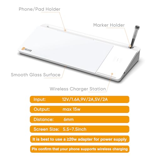 SELEAD Desktop Glass Whiteboard with Wireless Charger and Storage, White - color: White, size: 16"x7"