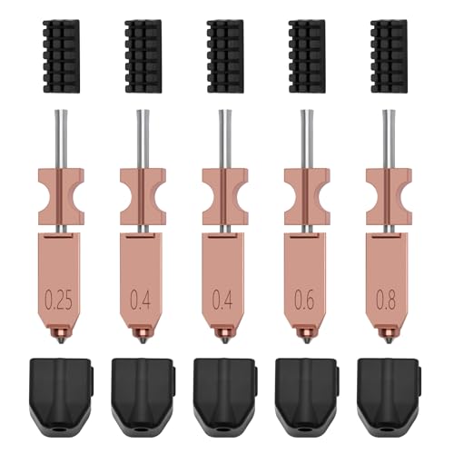5 PCS Quick-Swap Nozzles Kit for AD5X, 2 PCS 0.4mm, 1 PC 0.25mm, 1 PC 0.6mm, 1 PC 0.8mm Hardened Steel Tip Integrated Nozzles with 5 PCS Silicone Socks and Nozzle Wiper for Flashforge AD5X - style: Multi Size