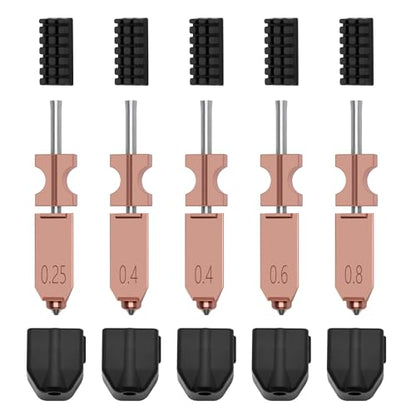 5 PCS Quick-Swap Nozzles Kit for AD5X, 2 PCS 0.4mm, 1 PC 0.25mm, 1 PC 0.6mm, 1 PC 0.8mm Hardened Steel Tip Integrated Nozzles with 5 PCS Silicone Socks and Nozzle Wiper for Flashforge AD5X - style: Multi Size