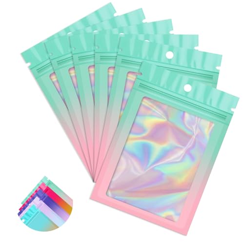 Funfery 100 Pack Gradient Holographic Bags,Mylar Resealable Bag with Zipper,Clear Window Packaging Pouch,Smell Proof Bags for Food Storage,Sample Jewelry Baggies(3.1x5.1In,Green Pink) - color: Green Pink, size: 3.1x5.1 Inch