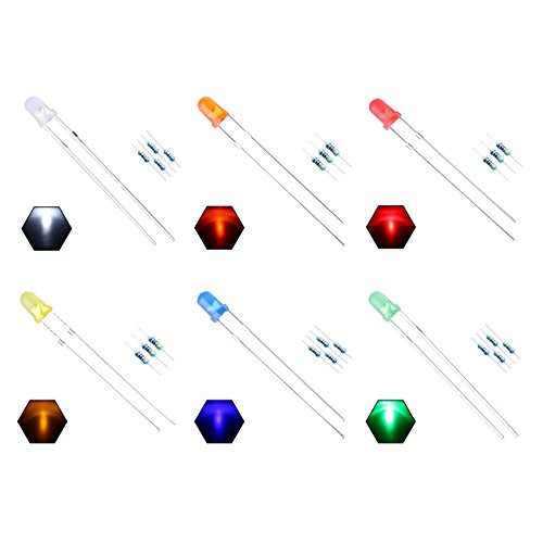 3mm 6 Colors x 20pcs (120pcs) Assorted Colors Lights LED Diodes (Colored Lens) Diffused Round Lens 29mm Long Lead +200pcs Resistors (for DC 6-12V) Included,Bulb Lamps Light Emitting Diode - color: [01] 6 Color X 20pcs / 120pcs, style: 3mm Constant Light
