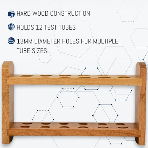 Eisco - Hardwood Test Tube Rack with 12 Holes - Durable Wooden Support with Dovetail Joints - 18mm Diameter Holes in Two Rows - Laboratory and Educational Use - Test Tube Holder