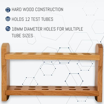 Eisco - Hardwood Test Tube Rack with 12 Holes - Durable Wooden Support with Dovetail Joints - 18mm Diameter Holes in Two Rows - Laboratory and Educational Use - Test Tube Holder