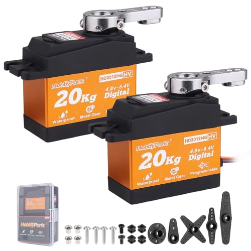 HobbyPark Pack of 2 20KG Servo Waterproof RC Steering Servo All Metal Gears Standard Digital Servos for 1/10 1/12 RC Cars Crawlers Trucks Robot DIY Control Angle 180°, 0.09sec 5.0v-8.4v HV