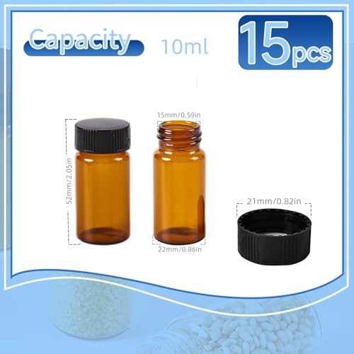 15 PCS 10ML Amber Small Liquid Sample Glass Vials with Screw Caps,0.34OZ 22x52mm Leak-Proof Vial, 18-400 Black Screw Cap with PE Liners for Lab, Essential Oil, Perfume, Reagents - size: 10ML(22*52mm)