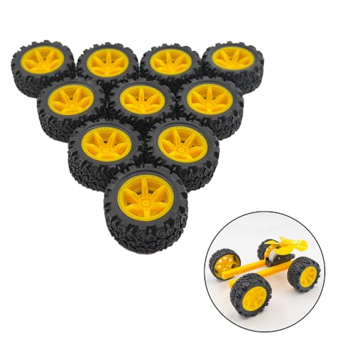 10PCS Toy Car Wheel Rubber Wheel with 5PCS Round Rod Shaft Axles for RC Car Truck Robot DIY Model Toy Parts (2x39mm Yellow) - style: 2x39mm Yellow