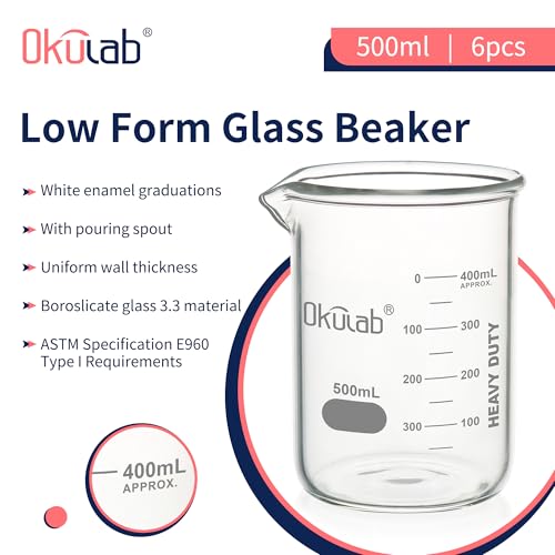 Glass Beakers, Low Form, Graduated 3.3 Borosilicate Glass Beaker Set, 6pcs of 500mL for Lab, Classroom, Craft, Kitchen,BKLG500A6 - style: Vol.500ml, Case of 6