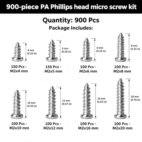 900 Pcs M2 Mini Screw Kit, Miniature Phillips Self Tapping Tiny Screws Assortment (M2x4/M2x5/M2x6/M2x8/M2x10/M2x12/M2x16/M2x20) - size: 5.51*3.74*1.18