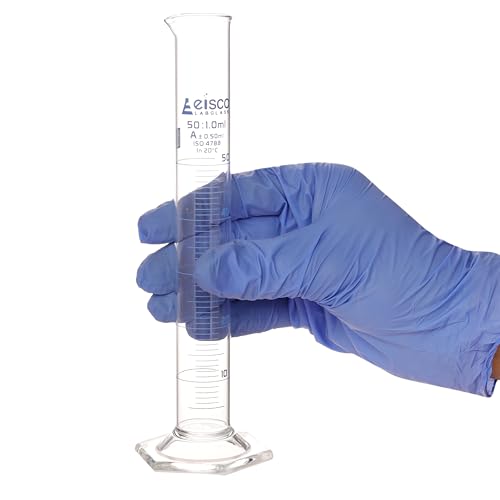 Graduated Cylinder, 50ml - Class A Tolerance ±0.50ml - Hexagonal Base - Blue Graduations - Borosilicate 3.3 Glass - Eisco Labs - size: 50mL