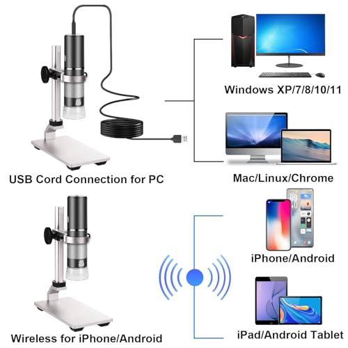 4K Microscope with Professional Stand + Case for iPhone Android PC, 50-1000X Digital USB Microscope Endoscope HD Camera for All Cellphones iPad Android Tablet Windows Mac Chrome Linux - color: Grey/Black